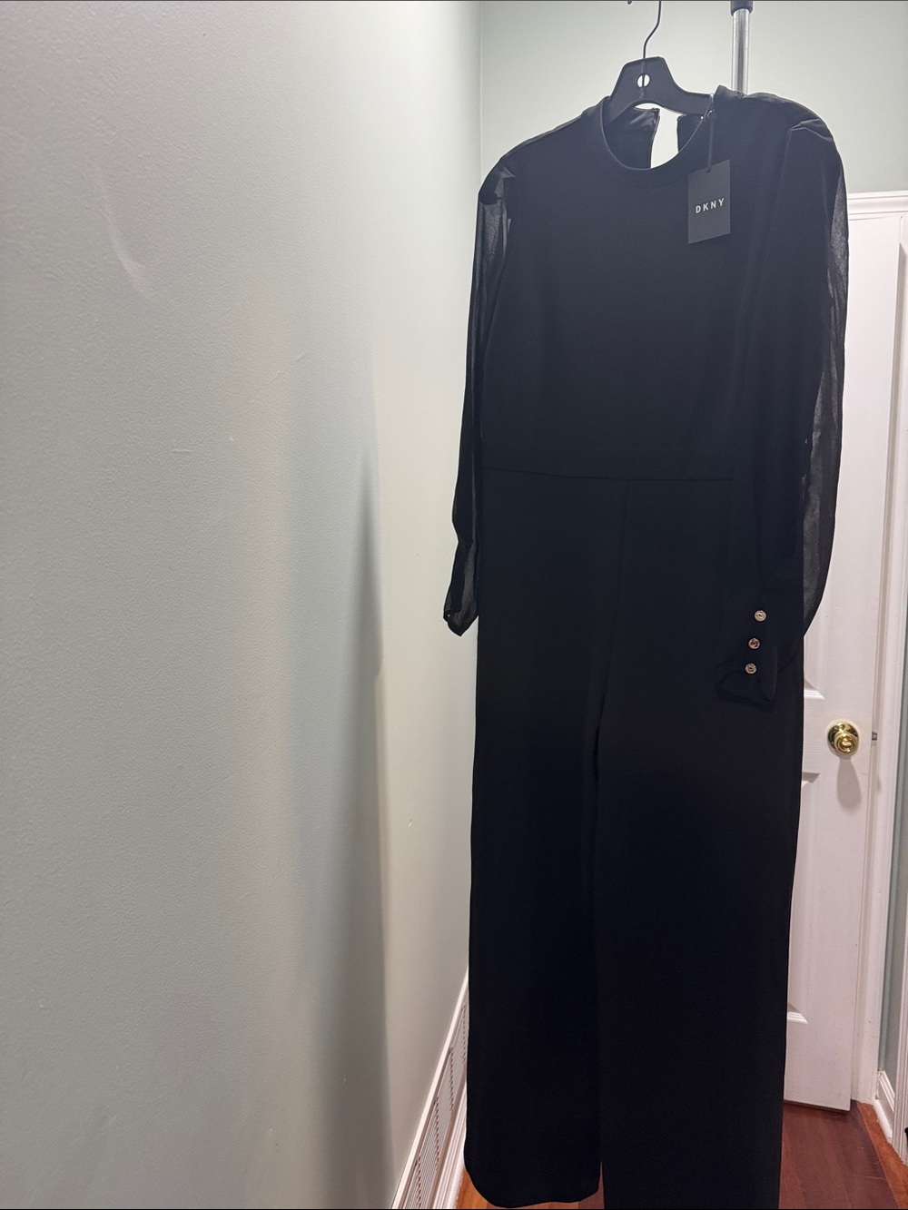 DKNY Black Long-Sleeve Wide-Leg Jumpsuit